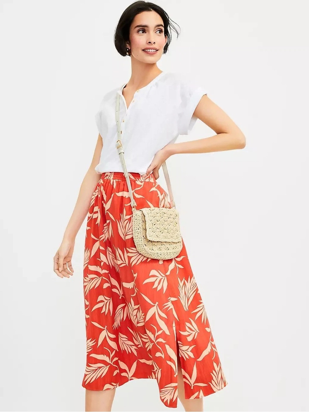 LOFT Orange and Beige Leaf Print Midi Skirt